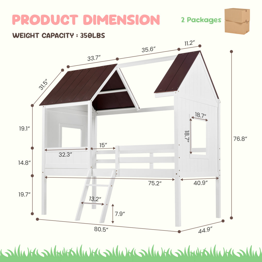US Local Wooden Toddler Floor Bed With Window, Detachable Roof, 2-Step Ladder & Safety Guardrail, Montessori Kids Loft Bed---A-B Combo Sale, Please Do Not Purchase Individually