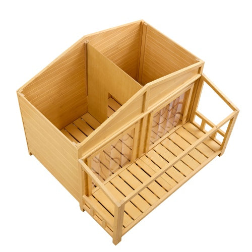 Dog House, Waterproof Dog Cage Kennel, Wooden Outdoor And Indoor Dog House, Raised Pet Kennel For Medium Dogs, Log Cabin Style With Porch,Elevated Floor,Asphalt Roof, 2 Doors, Pine Wood Natural