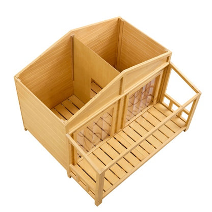 Dog House, Waterproof Dog Cage Kennel, Wooden Outdoor And Indoor Dog House, Raised Pet Kennel For Medium Dogs, Log Cabin Style With Porch,Elevated Floor,Asphalt Roof, 2 Doors, Pine Wood Natural