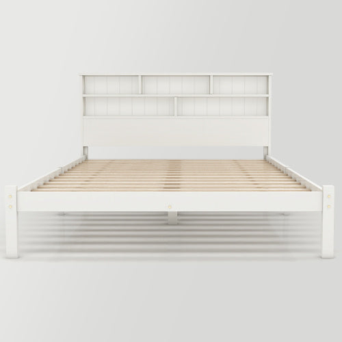 UK Local Bed With Shelves, White Wooden Storage Bed, Underbed Drawer - 4ft6 Double 135 X 190 Cm
