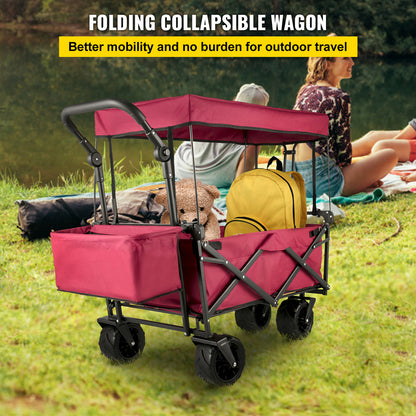 US Local VEVOR Extra Large Collapsible Garden Cart With Removable Canopy, Folding Wagon Utility Carts With Wheels And Rear Storage, Wagon Cart For Garden, Camping, Grocery Cart, Shopping Cart, Red