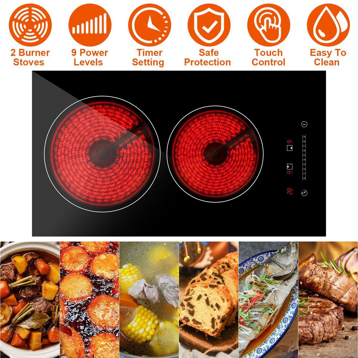 US Local 1Pc Dual Induction Burners Electric Cooktop 110V Total 1900W Electric Stove Built In Electric Ceramic Stove With Timer Setting 9 Firepower Levels Over Heating Protection