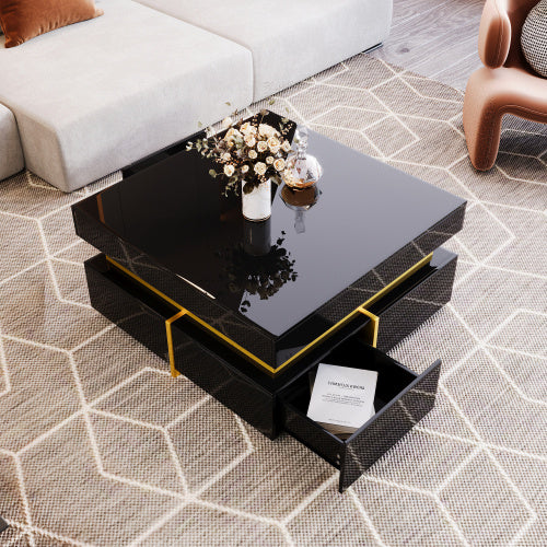UK Local Coffee Table, High-Gloss Living Room Table, Side Table With Drawers And Gold Accents