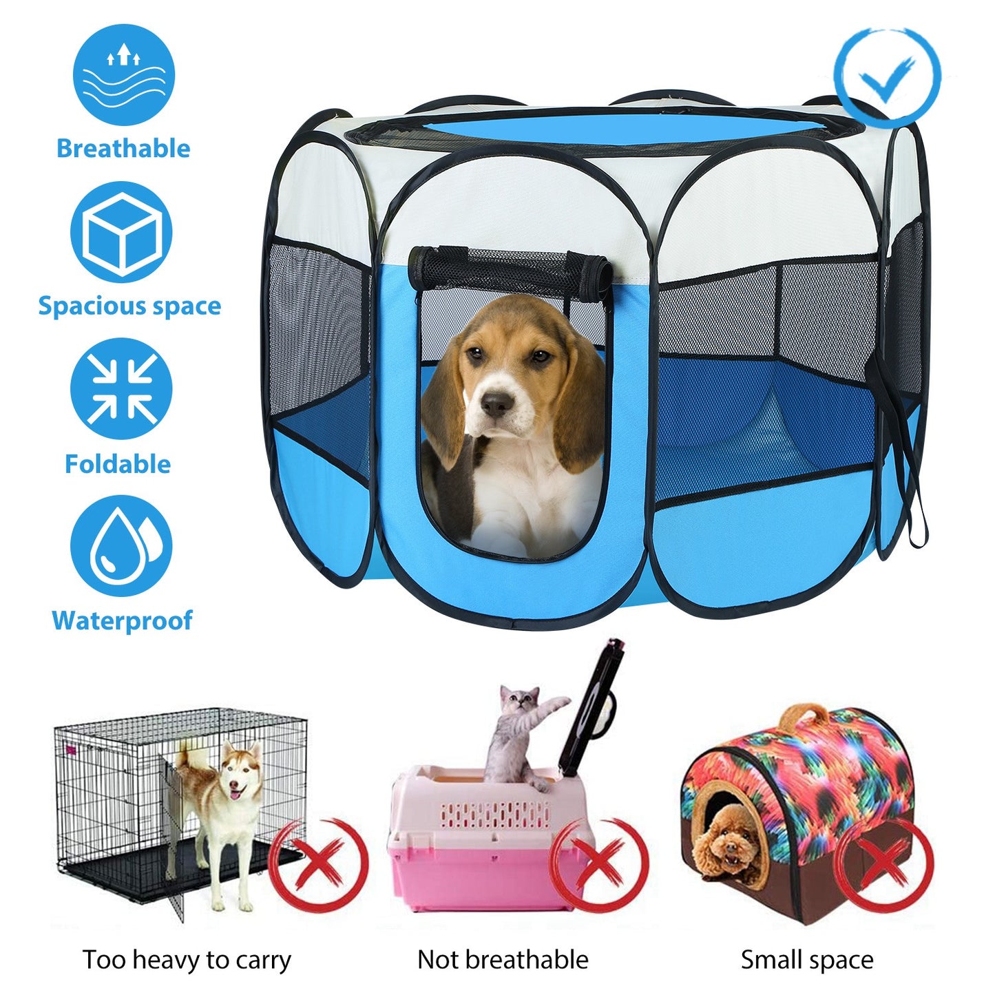 US Local Pink-Blue Options -- 1Pc Portable Foldable Pet Tent Exercise Pen Kennel Removable Zipper Top And Bottom Water Resistant Indoor Outdoor Use For Dogs Cats Other Pets
