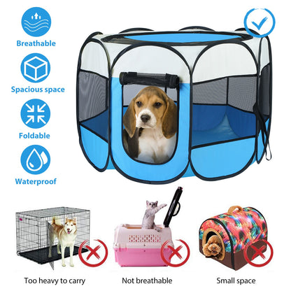 US Local Pink-Blue Options -- 1Pc Portable Foldable Pet Tent Exercise Pen Kennel Removable Zipper Top And Bottom Water Resistant Indoor Outdoor Use For Dogs Cats Other Pets