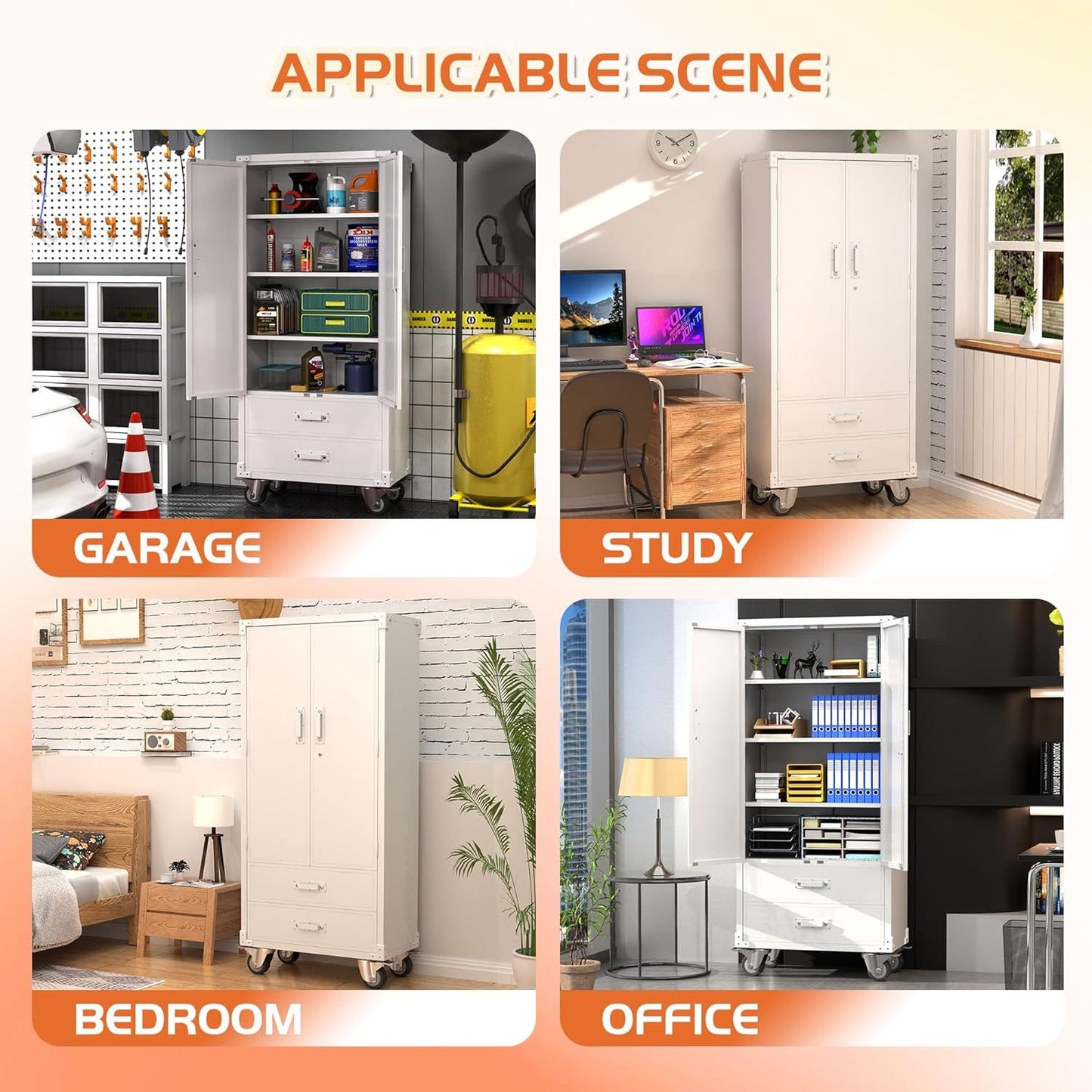 US Local Rolling Storage Cabinet With 2 Doors And 2 Drawers, Metal Storage Cabinet With Doors And Shelves, Locking Steel Cabinet For Warehouse, Home, Office White