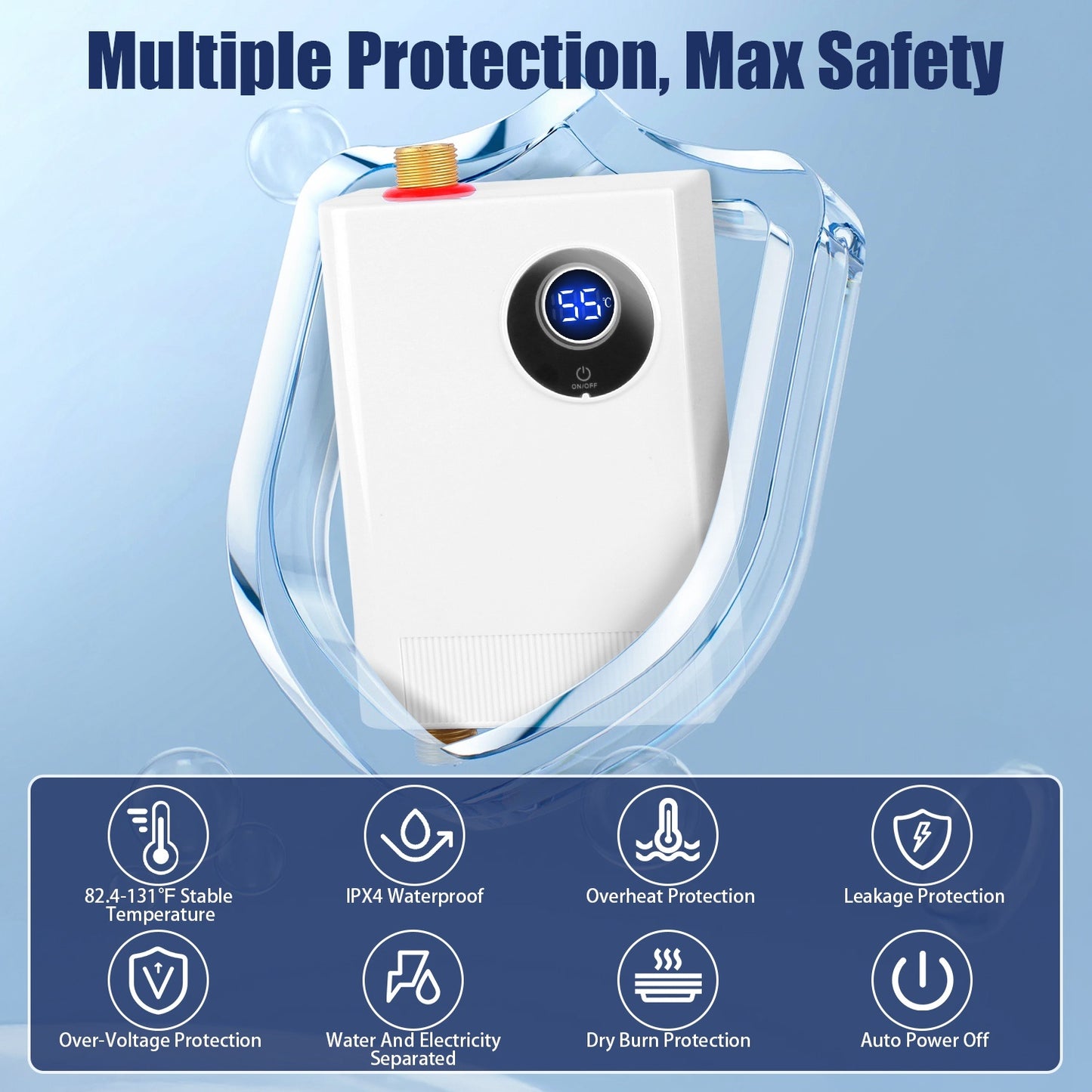 US Local 3000W Electric Tankless Water Heater Instant Mini Hot Water Heater With Digital Display For Kitchen RV Sink Bathroom