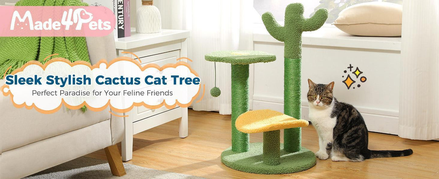 US Local 26 Inch Cactus Cat Tree With Bird's Eye View Flower Perch, Soft Cactus Top And Hanging Ball, Compact Vertical Structure For Indoor Cats