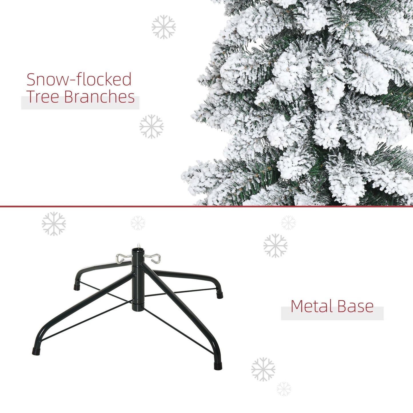 CA Local 6 Ft Snow-Flocked Artificial Christmas Tree, Slim Pencil Xmas Tree With Realistic Branches, Metal Base, Green