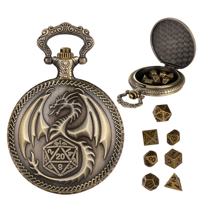 US Local Creative Thick Chain Pocket Watch Set, Equipped With 7 Mini DND Game Polyhedral Metal Dice Tabletop Role-playing Game Dice, Enhancing RPG Gaming Experience And Providing Players With Unique Gifts