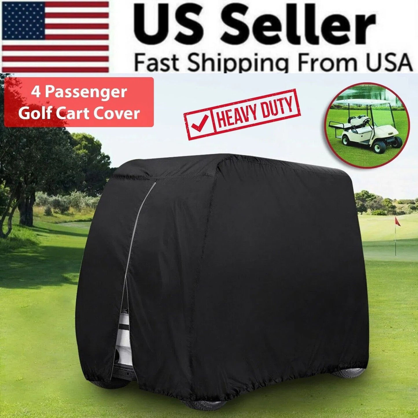 Waterproof Golf Cart Cover Zipper 4 Passenger EZ GO Club Car Elastic Hem