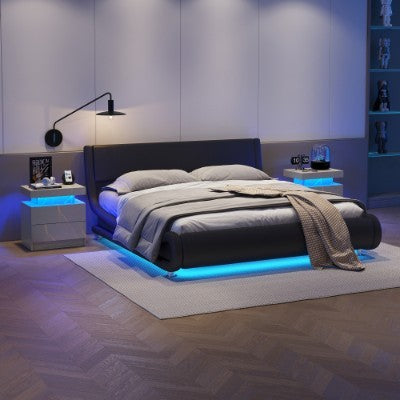 UK Local Nightstand LED Bedside Table Cabinet Lights Modern End Side With 2 Drawers For Bedroom Grey Gold