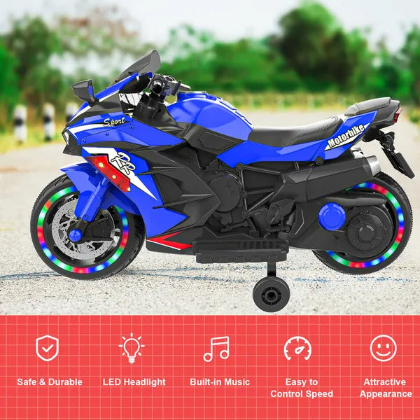 US Local Kids Powered Ride-ons Toy, Kids Motorcycle For 3-6 Years, 12V Electric Ride On Motorcycle With Light Wheel & Bluetooth Music-Blue