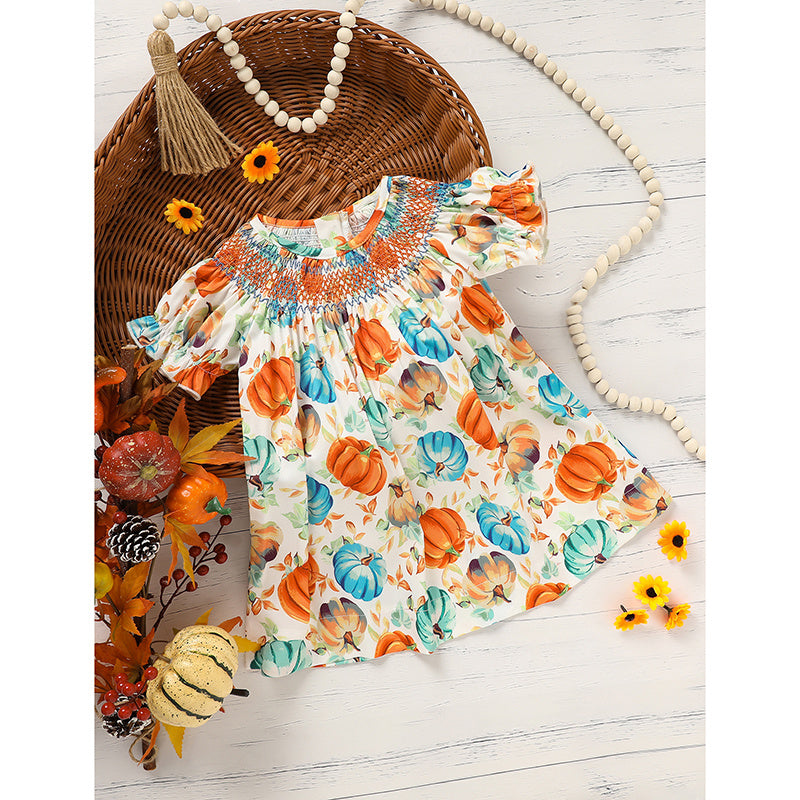Toddler Baby Child Girl Pumpkin Smocked Dress Fall Thanksgiving Halloween Embroidered Princess Party Dresses Kids Fall Outfits Clothes