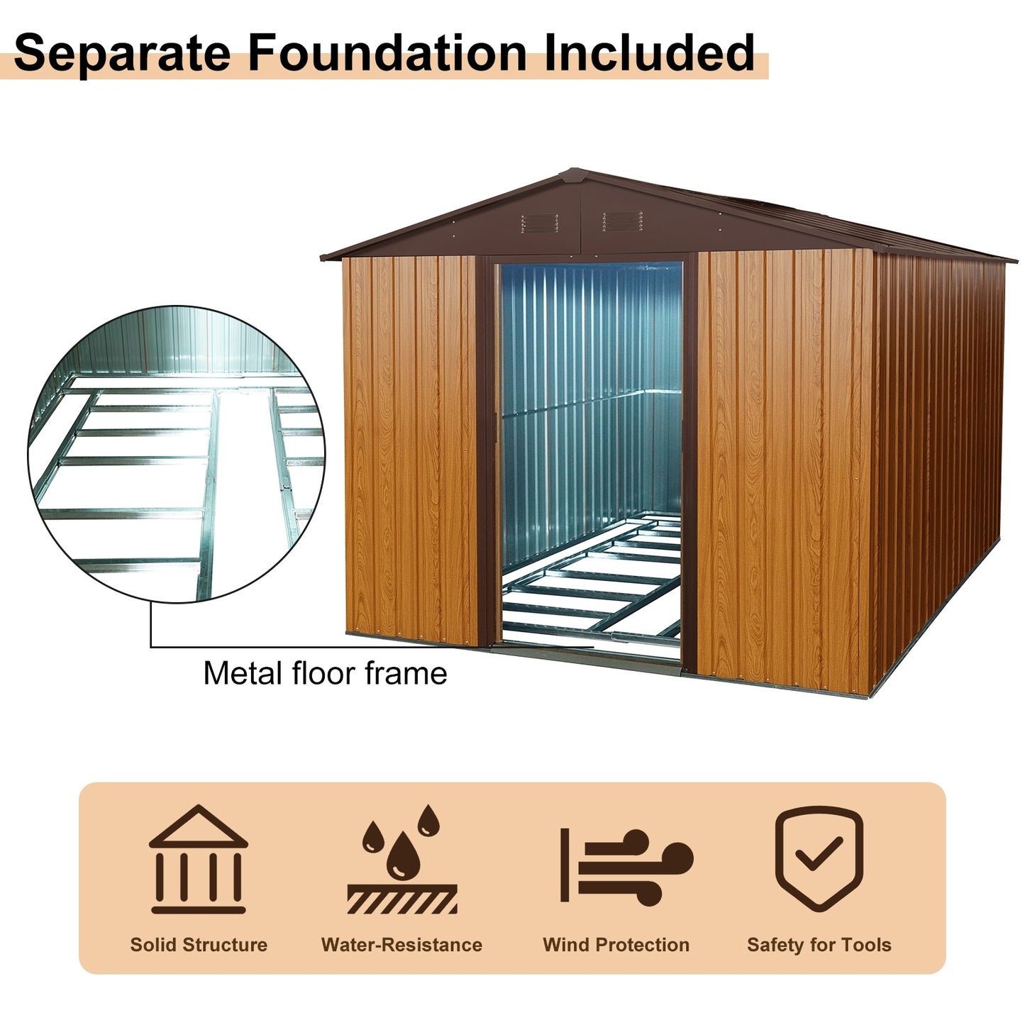 US Local 10ft X 8ft Outdoor Metal Storage Shed With Metal Floor Base,Coffee