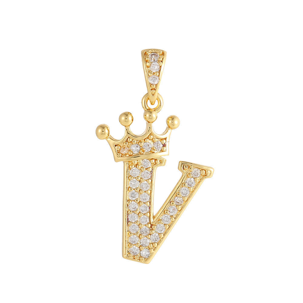 Gold Plated Copper Inlaid Zircon Crown 26 English Letters Full Diamond Pendant Parts