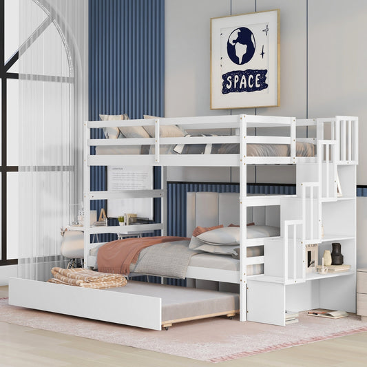US Local Twin Bunk Beds With Trundle & Stairway Storage In White