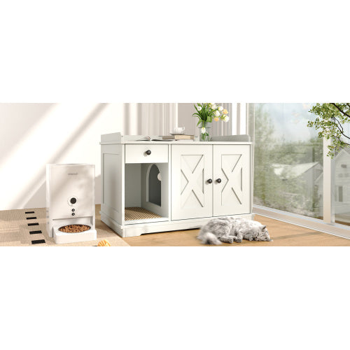 US Local GO Cat Litter Box Enclosure, Litter Box Furniture Hidden With Cat Litter Mat, Indoor Cat House With Storage Drawer Side Table, Farmhouse Style Cat Box Cabinet For Living Room, White