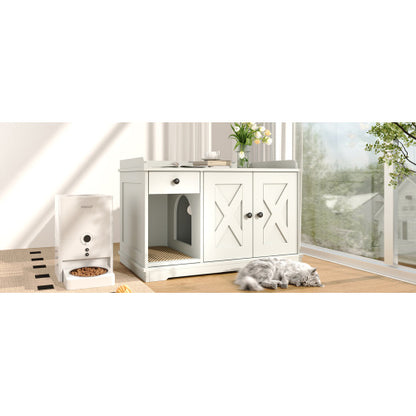 US Local GO Cat Litter Box Enclosure, Litter Box Furniture Hidden With Cat Litter Mat, Indoor Cat House With Storage Drawer Side Table, Farmhouse Style Cat Box Cabinet For Living Room, White