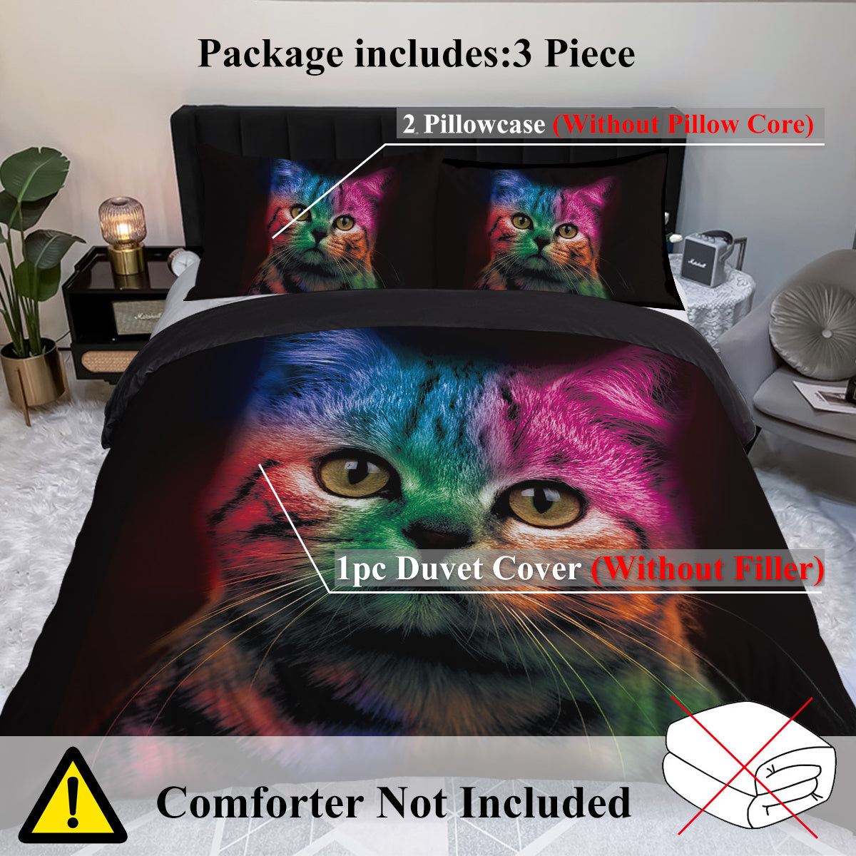 US & UK Local Cat Bedding For Kids Girls Boys Cute Colorful Cat Pattern Quilt Cover Bedspread 3 Piece Bold Color Black Animal Duvet Cover Set For Single Bed