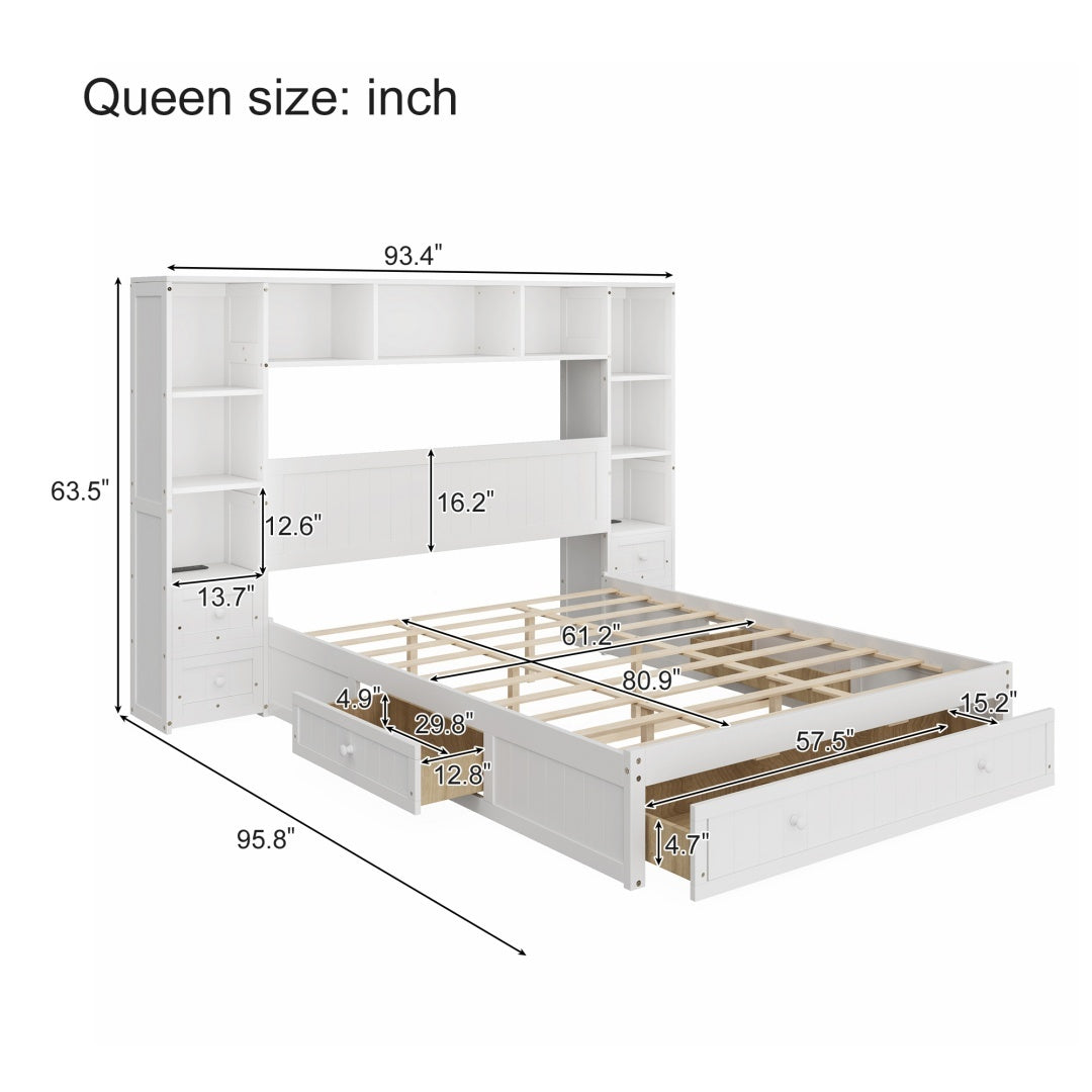 US Local Queen Size Pine Wood Platform Bed With All-In-One 2 Nightstand, Storage Shelf And Cabinet Bookcase With 2 Charging Stations, Multi-Functional Captain Bed Frame With 3 Drawers, No Box Spring Needed