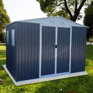 US Local Metal Anti-Corrosion Utility Tool House With Lockable Door, Garden Shed 10FTx8FT Apex Roof Grey With Windows And Aluminum Alloy Frame
