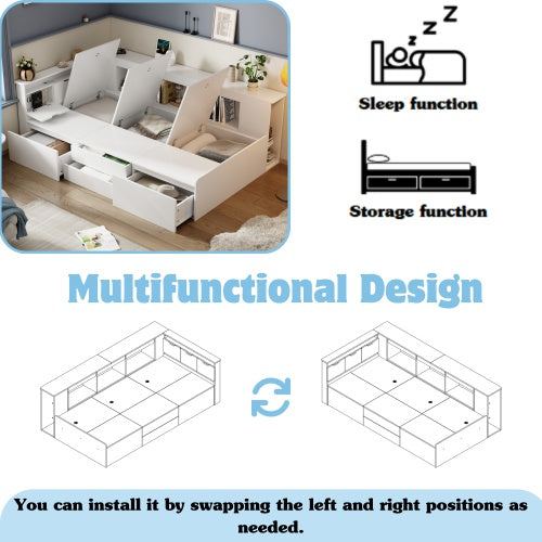 UK Local Children's Bed, Single Bed-3ft90x190cm, Single Bed, Multifunctional Children's Bed With Drawers, Bookcase And Storage Cupboard, Bed Box With Storage Space, Without Mattress, White