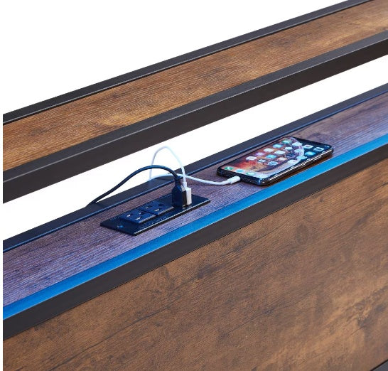 US Local Full Size Metal Platform Bed Frame With Wooden Headboard And Footboard With USB LINER