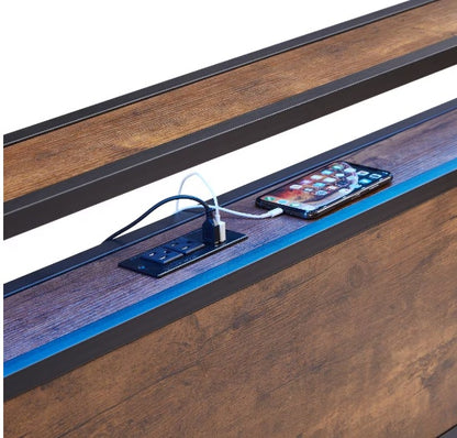 US Local Full Size Metal Platform Bed Frame With Wooden Headboard And Footboard With USB LINER