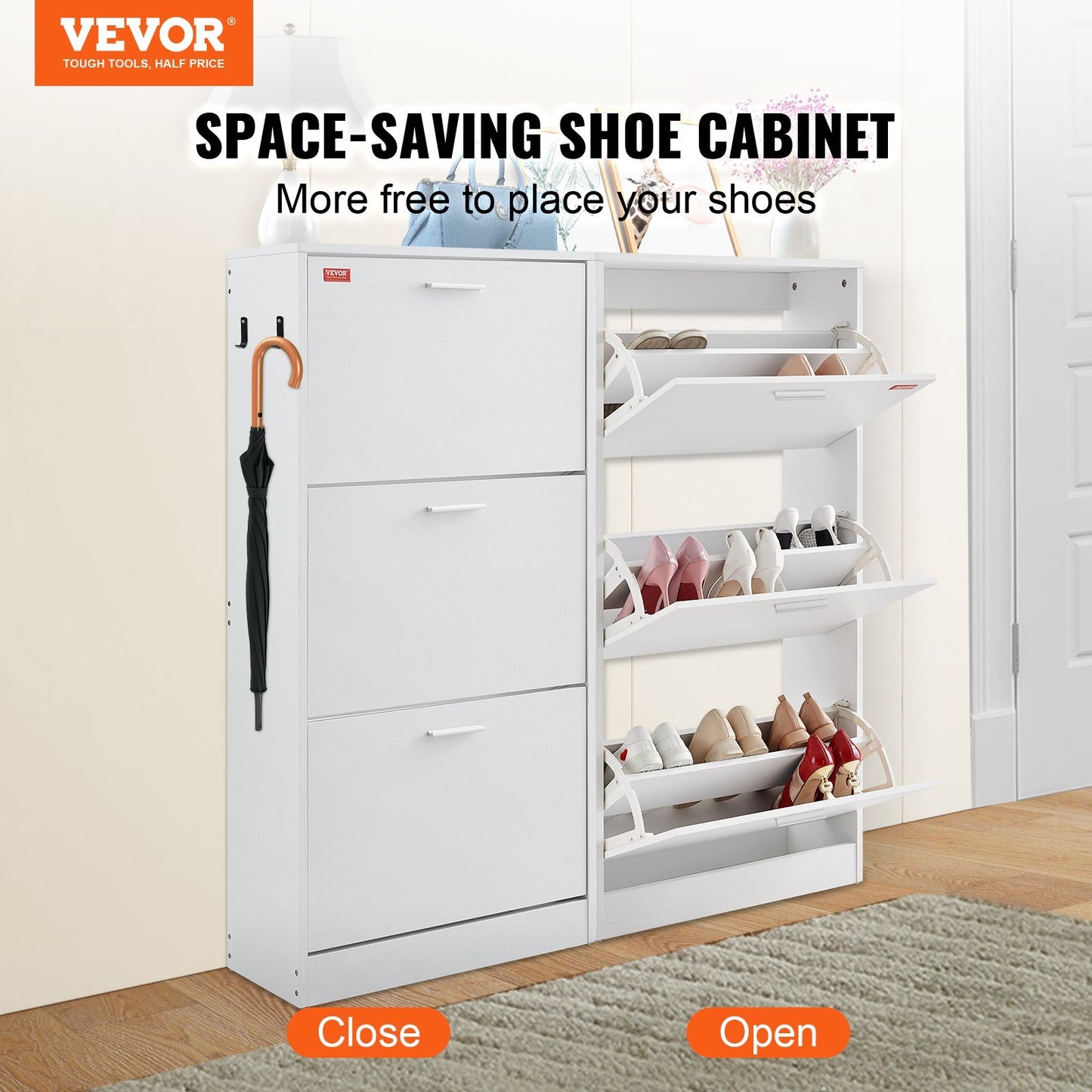 US Local VEVOR Shoe Cabinet With 3 Flip Drawers, Shoe Storage Cabinet For Entryway, Free Standing Shoe Storage Organizer With Side Hooks For Heels, Boots, Slippers In Hallway, Living Room