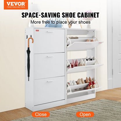 US Local VEVOR Shoe Cabinet With 3 Flip Drawers, Shoe Storage Cabinet For Entryway, Free Standing Shoe Storage Organizer With Side Hooks For Heels, Boots, Slippers In Hallway, Living Room