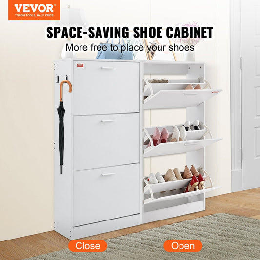 US Local VEVOR Shoe Cabinet With 3 Flip Drawers, Shoe Storage Cabinet For Entryway, Free Standing Shoe Storage Organizer With Side Hooks For Heels, Boots, Slippers In Hallway, Living Room