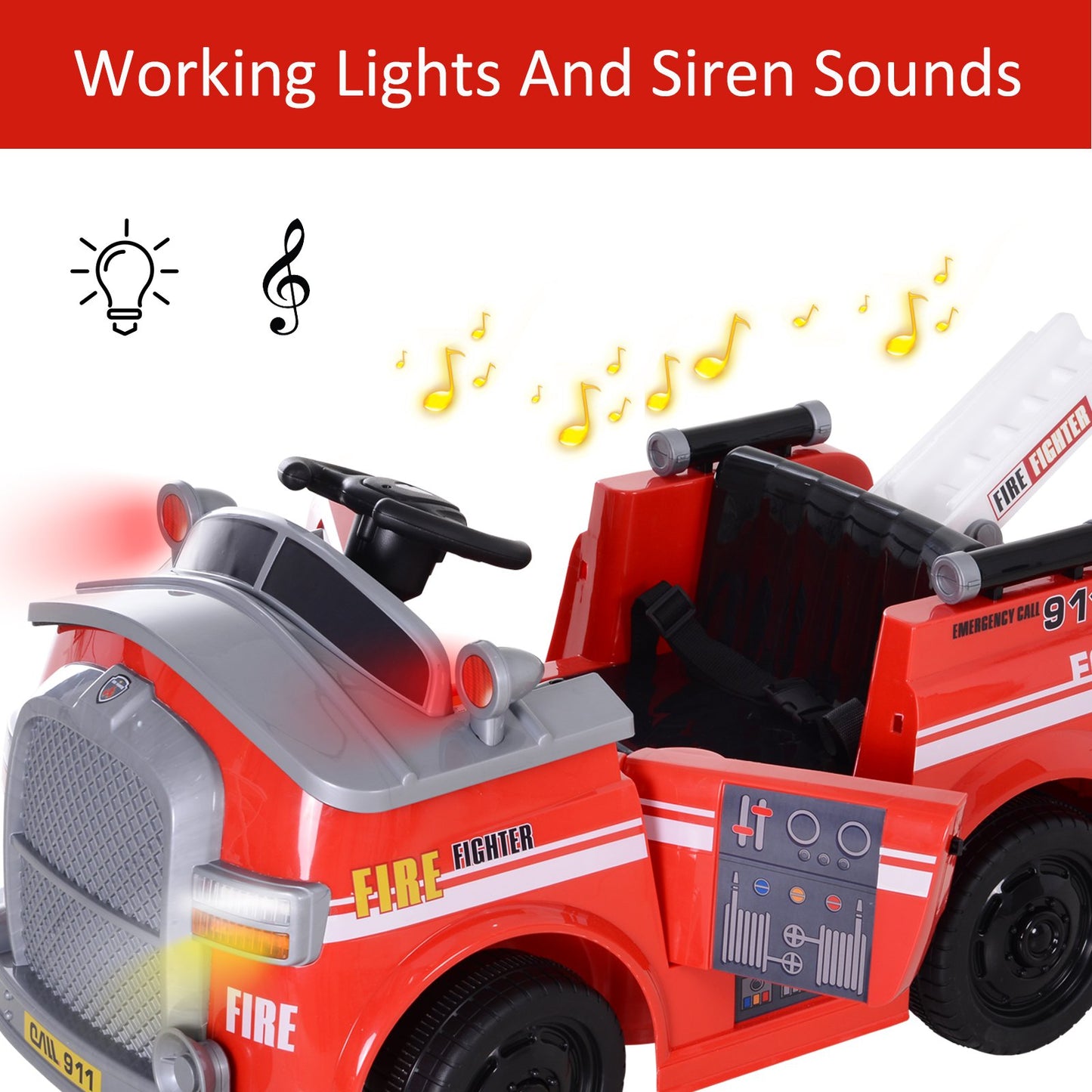 US Local 6V Electric Ride-On Fire Truck Vehicle for Kids with Remote Control Music Lights and Ladder