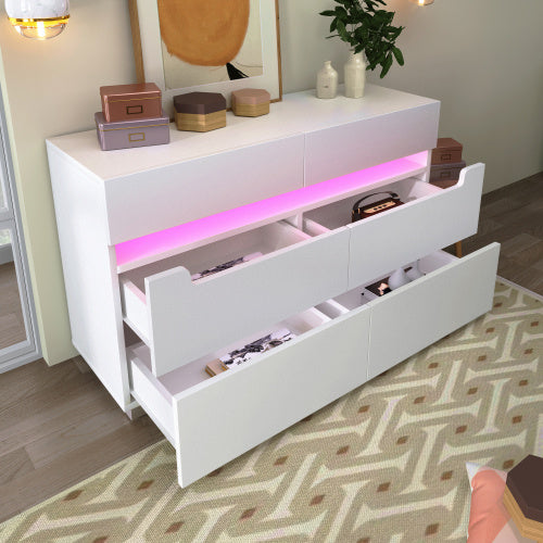 UK Local Sideboard Cabinet Dresser With 6 Drawers,Storage With RGB LED App Control, Sideboard With Cut-out Handles, 6-drawers Chest Of Drawers, 71 X 120 X 40 Cm, White