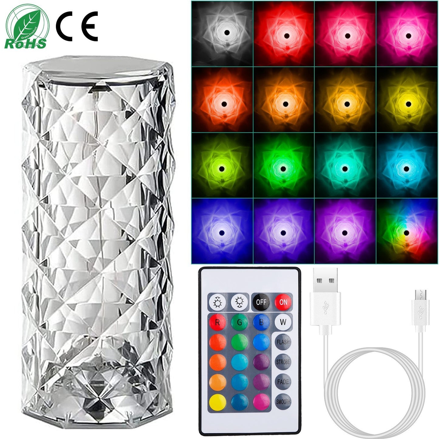 US Local Crystal Diamond Rose Table Lamp Dimmable Remote Touch Control Beside LED Night Light Rechargeable 16 Color Change Atmosphere Bar Lamp