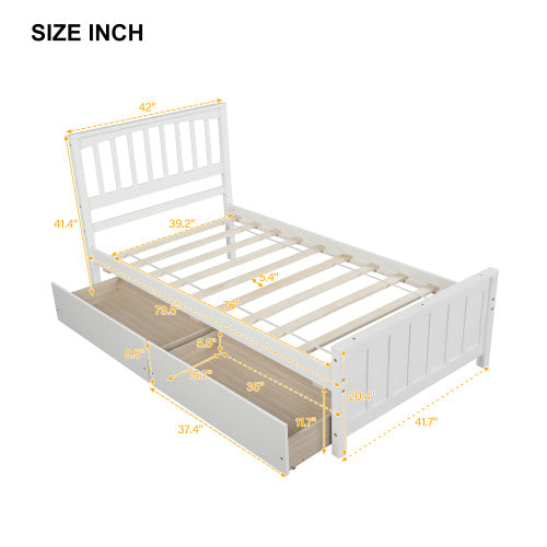 US Local Twin Size Platform Bed With Two Drawers, White