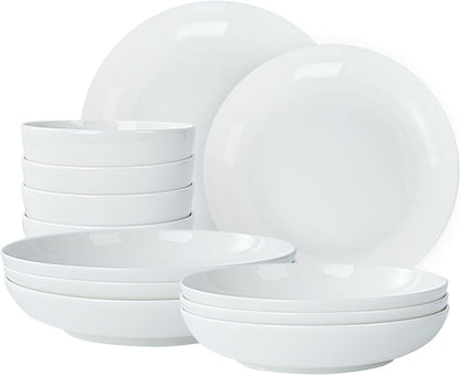US Local Setaria Bone China Dinnerware Set, 12 Pieces, Service For 4, Plates, Dishes, Bowls Set, Microwave And Dishwasher Safe, Ivory White With Narrow Curve Stripe