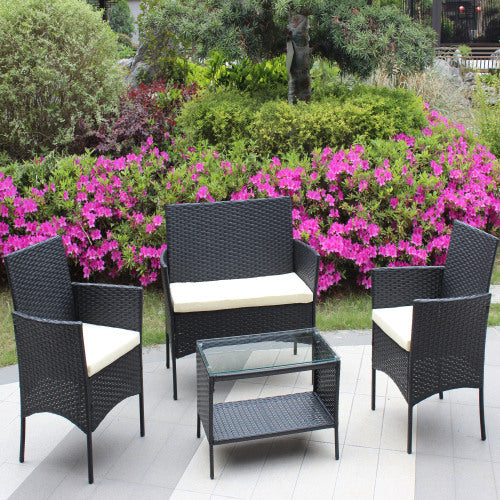 US Local 4 PC Rattan Patio Furniture Set Outdoor Patio Cushioned Seat Wicker Sofa Beige Cushion