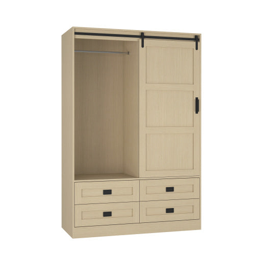US Local Tall Bedroom Armoire Wardrobe Closet Clothing Storage Cabinet With Hanging Rod Barn Door Drawers Open Shelves