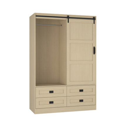 US Local Tall Bedroom Armoire Wardrobe Closet Clothing Storage Cabinet With Hanging Rod Barn Door Drawers Open Shelves