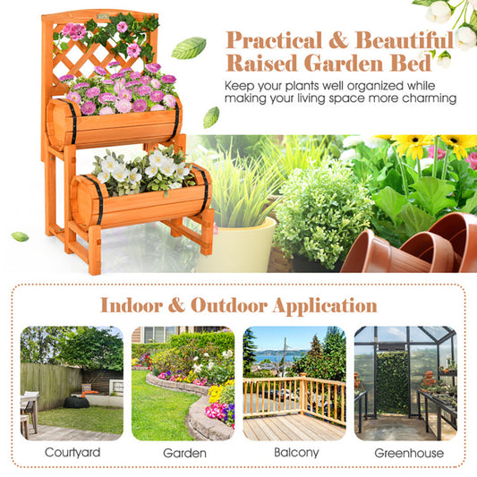 US Local Wooden 2-Tier Raised Garden Bed With 2 Cylindrical Planter Boxes And Trellis