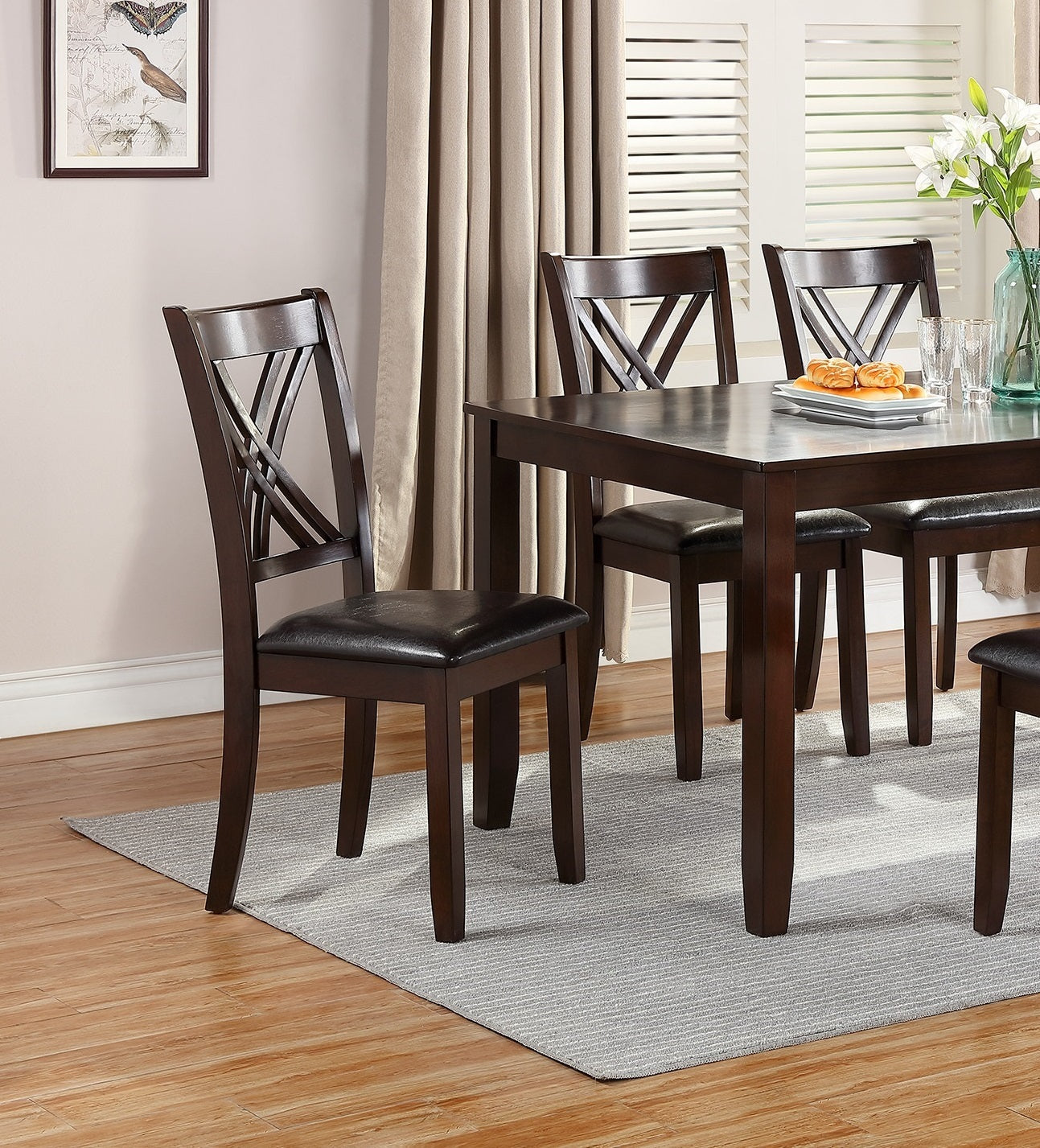 US Local 7pcs Dining Set Dining Table 6 Side Chairs Clean Espresso Finish Cushion Seats X Design Back Chairs
