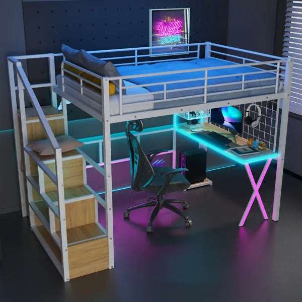 US Local Full Size Metal Loft Bed With Built-in Work Station, Wardrobe, Storage Staircase And LED, White
