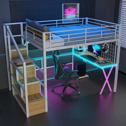 US Local Full Size Metal Loft Bed With Built-in Work Station, Wardrobe, Storage Staircase And LED, White