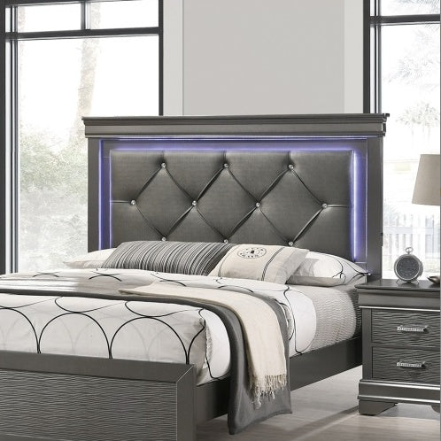 US Local Dark Gray Faux Leather Tufted Headboard 1pc Queen Size Bed W LED Bedroom Furniture Gray Unique Texture FB Solid Wood