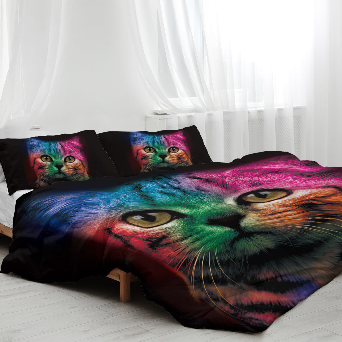 US & UK Local Cat Bedding For Kids Girls Boys Cute Colorful Cat Pattern Quilt Cover Bedspread 3 Piece Bold Color Black Animal Duvet Cover Set For Single Bed