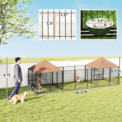 US Local Large Outdoor Dog Kennel With 2 Rooms, Rotating & Adjustable Height Bowls, Waterproof & UV-Resistant Canopy