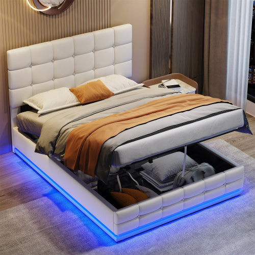 UK Local Ottoman Double Bed With LED Lighting, PU Leather Upholstered Bed With Hydraulic Storage, 4ft6 Double Bed Frame With Adjustable Button Tufted Headboard, Cream White No Mattress