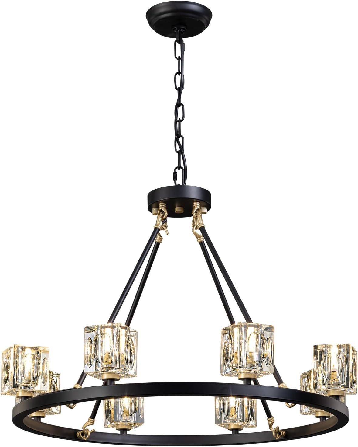 US Local Black Wagon Wheel Chandelier, 8-Light Farmhouse Crystal Chandeleirs With Adjustable Height,Ceiling Hanging Light Fixture Pendant Lights For Living Room,Bedroom,Kitchen Island,Dining Room,Bedroom