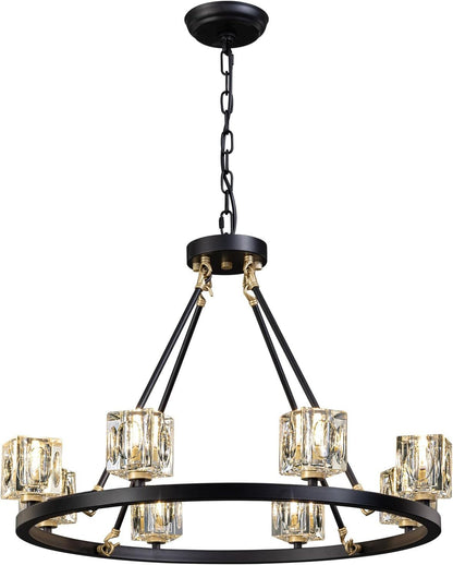 US Local Black Wagon Wheel Chandelier, 8-Light Farmhouse Crystal Chandeleirs With Adjustable Height,Ceiling Hanging Light Fixture Pendant Lights For Living Room,Bedroom,Kitchen Island,Dining Room,Bedroom